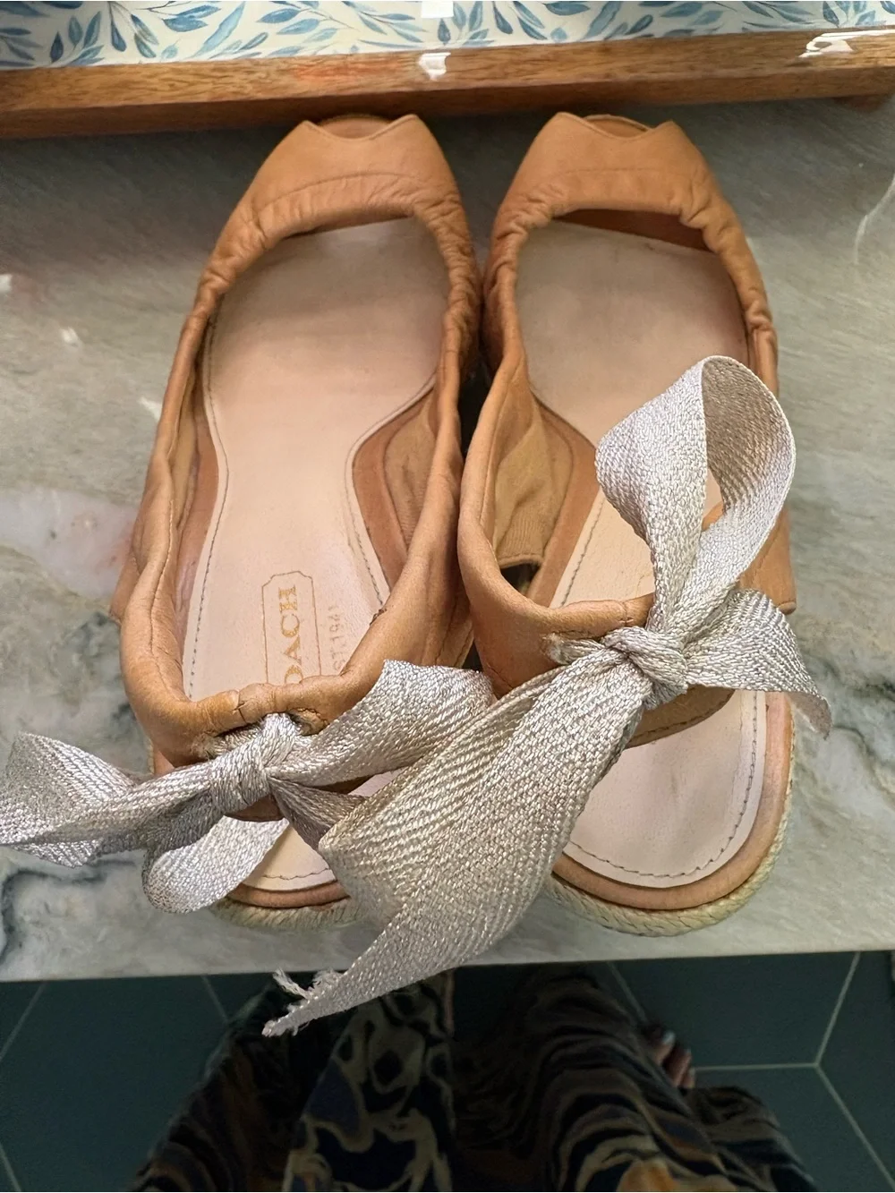 COACH Maritza Tan Espadrille Peep-Toe Slingbacks with Ribbon Tie